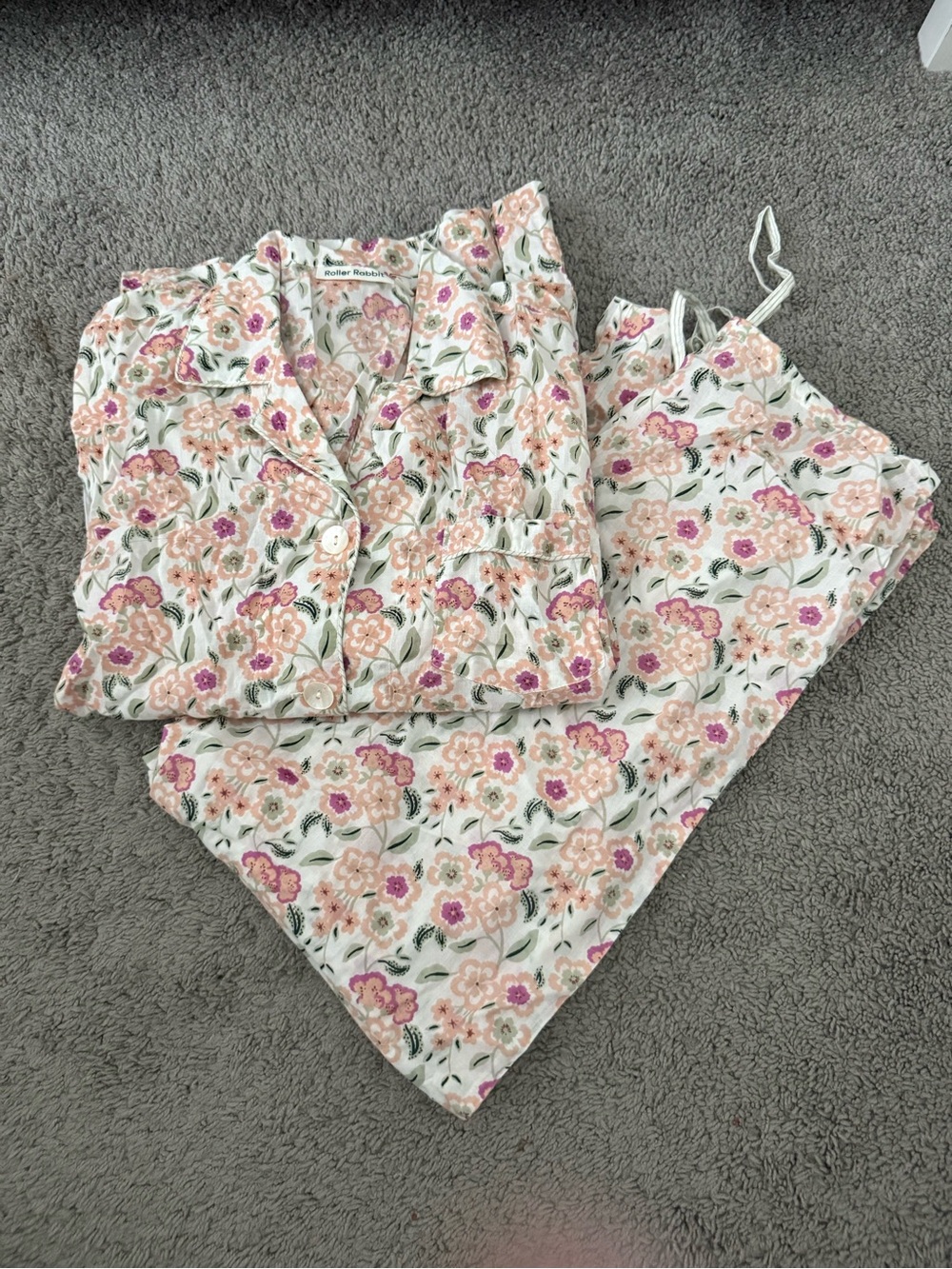Roller Rabbit White Floral Pajama Set with Pink & Peach Blossoms